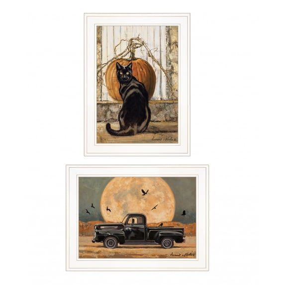 Set Of Two Harvest Moon With A Black Cat And Truck 1 White Framed Print Wall Art