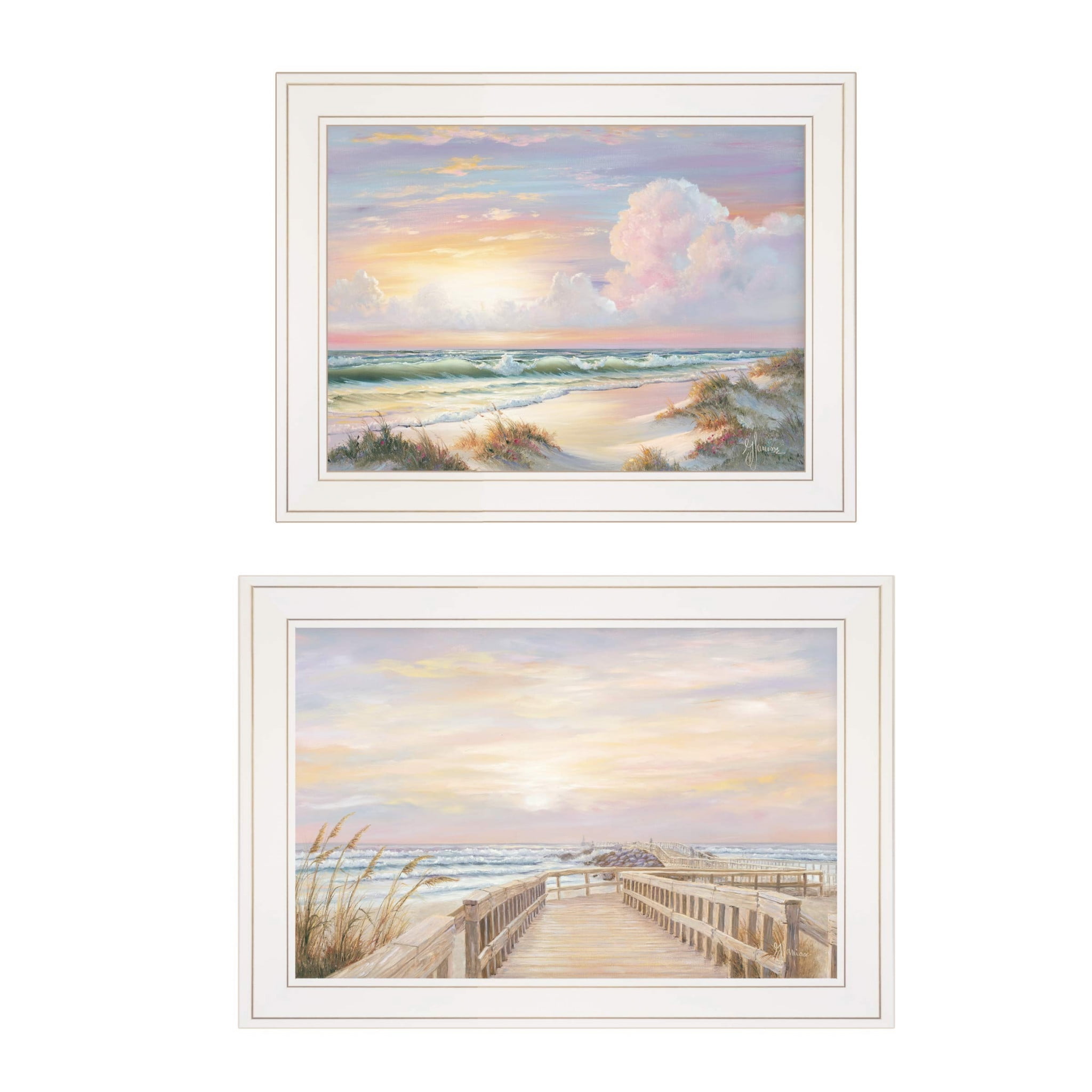 White Framed Coastal Sunrise Sunset Landscape Print Set