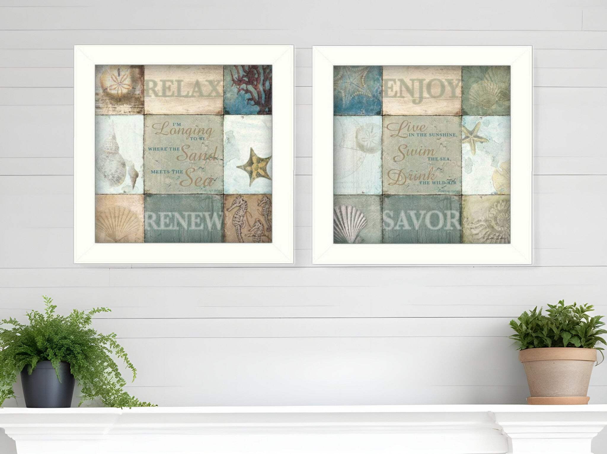 Sunshine Sand and Sea White Framed Solid Wood Print Set