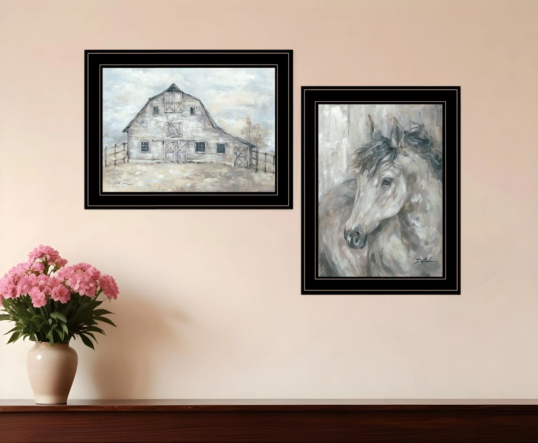 Set of Two Black Framed Horse and Barn Prints