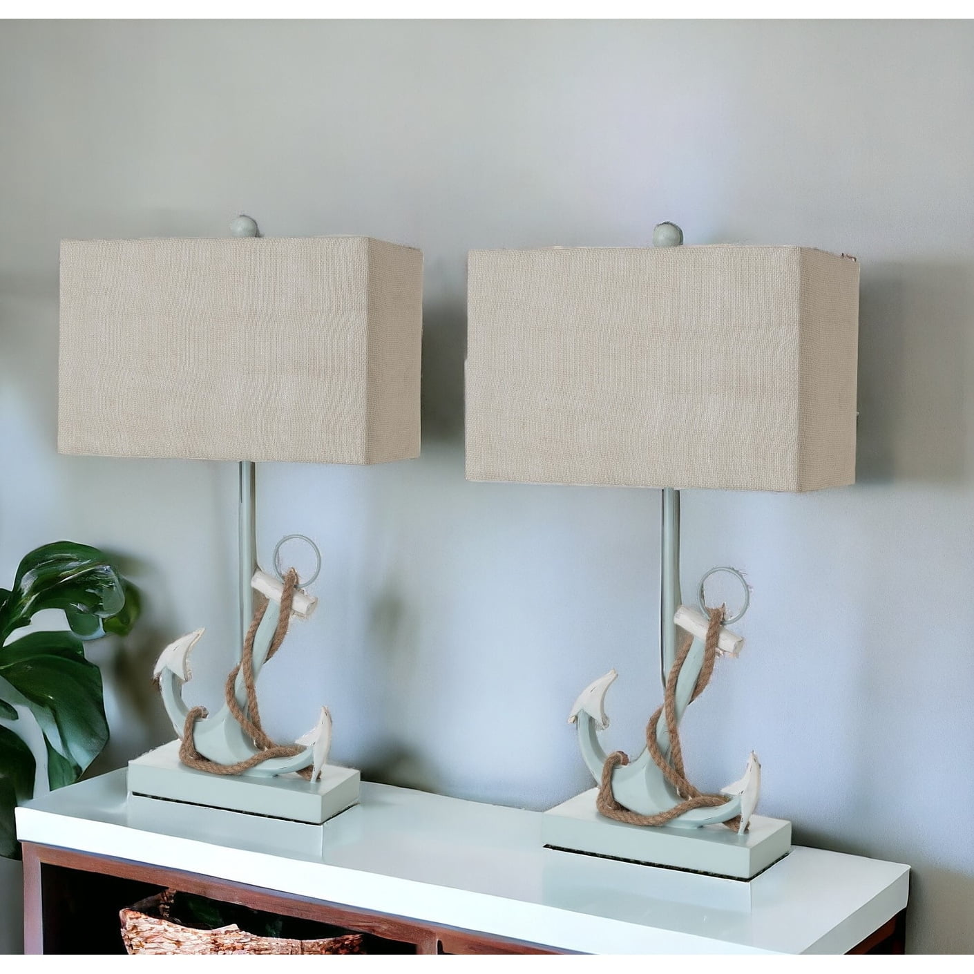 Distressed Blue Anchor Table Lamps with Rope Detail, Set of 2