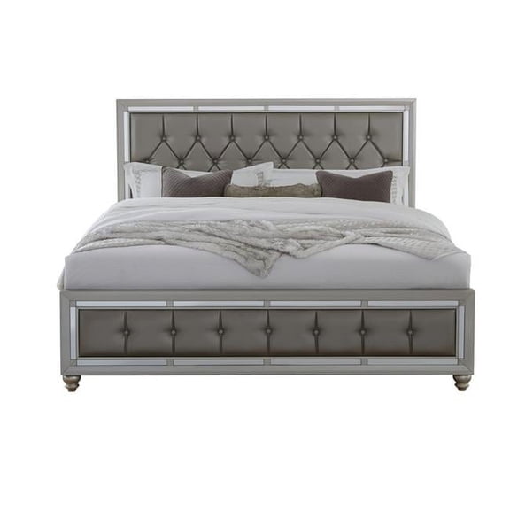 HomeRoots Silver Champagne Tone Full Bed Padded Headboard Padded Footboard Mirror Trim Accents