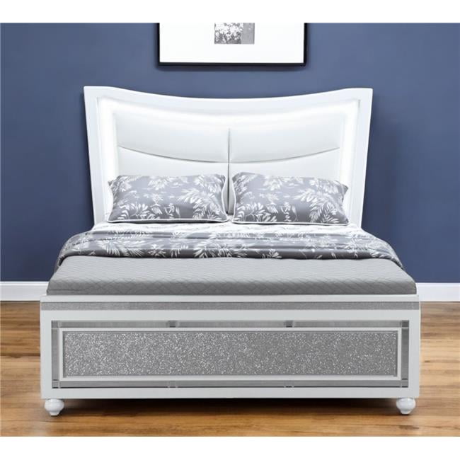 HomeRoots 564759 Silver & White Faux Crystal Bling Wood & Upholstery Lighted Full Size Bed Frame