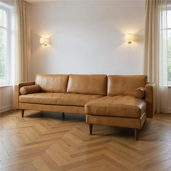 HomeRoots 607315 Tan Genuine Leather L Shaped Sofa & Chaise Sectional with Toss Pillows