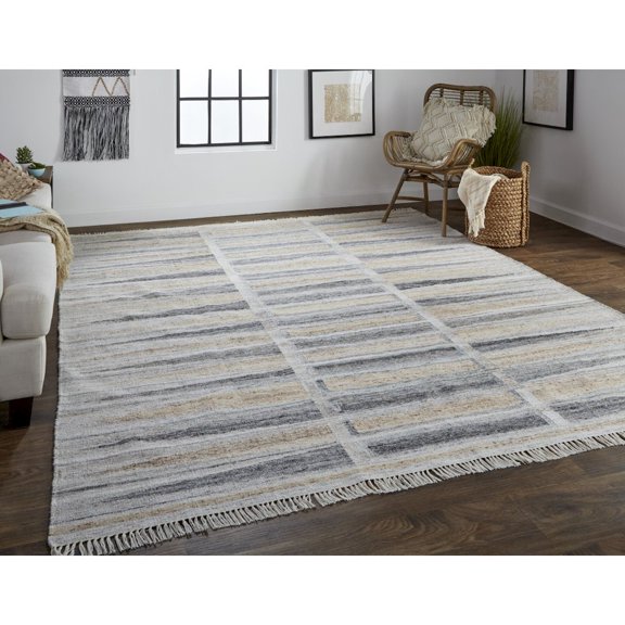 HomeRoots Tan Gray And Taupe Geometric Hand Woven Stain Resistant Area Rug With Fringe