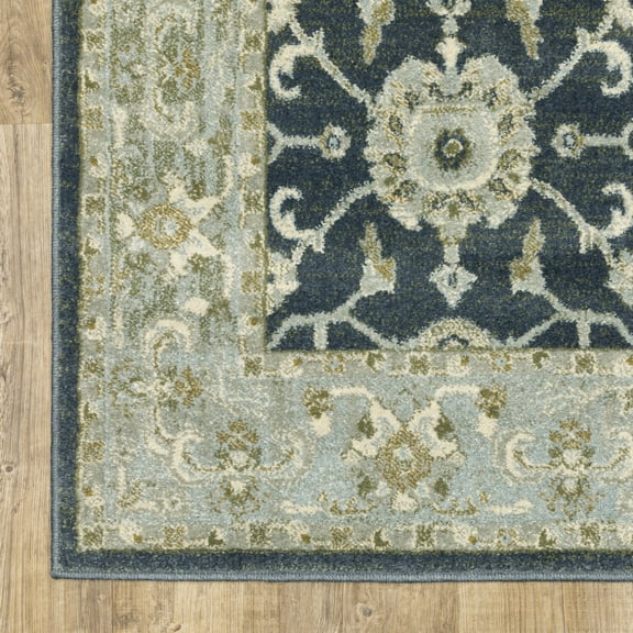6' X 9' Teal Blue Ivory Green And Grey Oriental Power Loom Stain Resistant Area Rug