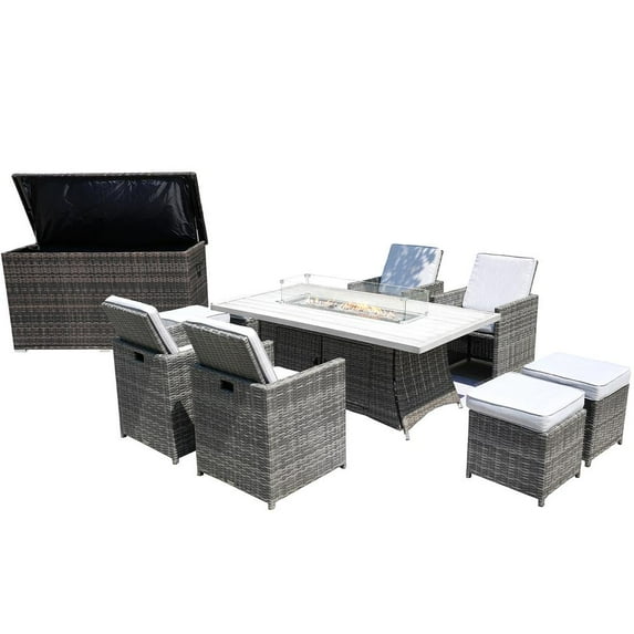Ten Piece Outdoor Gray Wicker Multiple Chairs Seating Group Fire Pit Included With Cushions