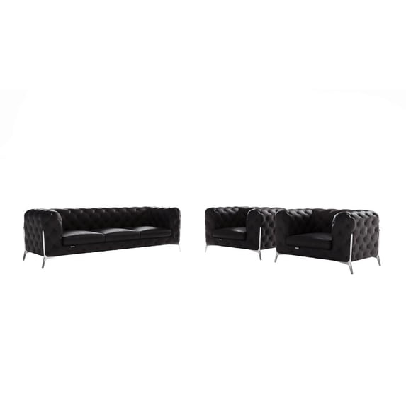 HomeRoots Three Piece Indoor Black Italian Leather Five Person Seating Set