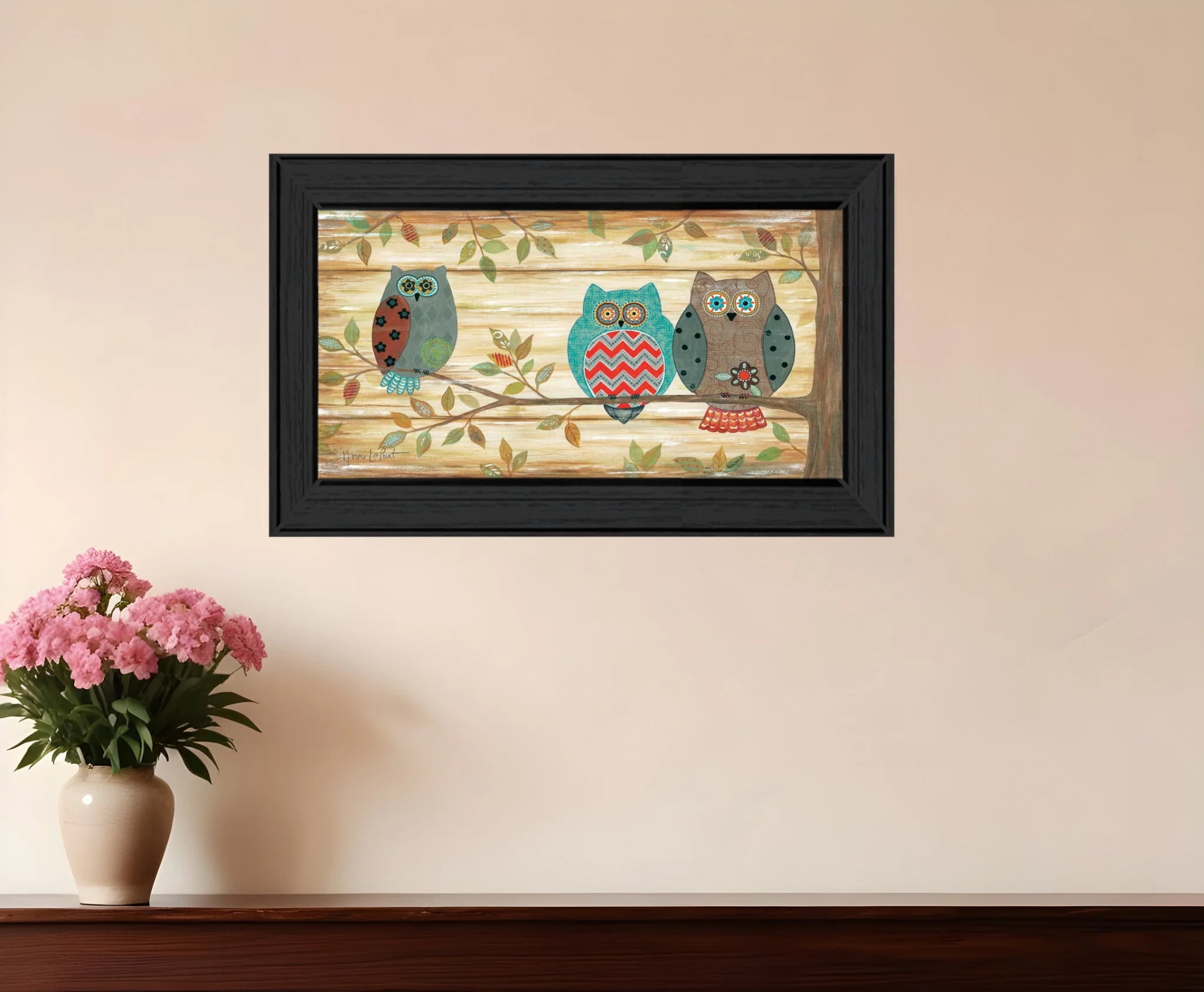 Three Wise Owls Black Framed Print Wall Art, 12" x 21"