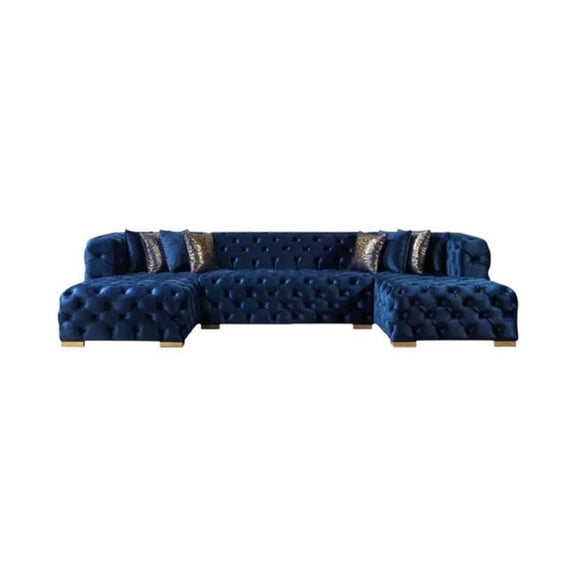 HomeRoots 642271 Tufted Blue Velvet Modular U Shaped Sofa & Chaise Sectional with Toss Pillows