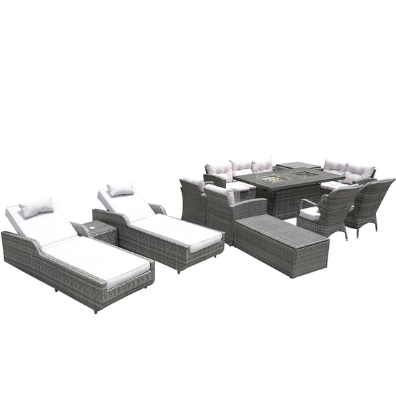 Twelve Piece Outdoor Gray Wicker Multiple Chairs Seating Group Fire Pit Included With Cushions