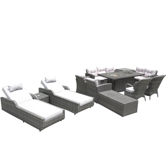 Twelve Piece Outdoor Gray Wicker Multiple Chairs Seating Group Fire Pit Included With Cushions