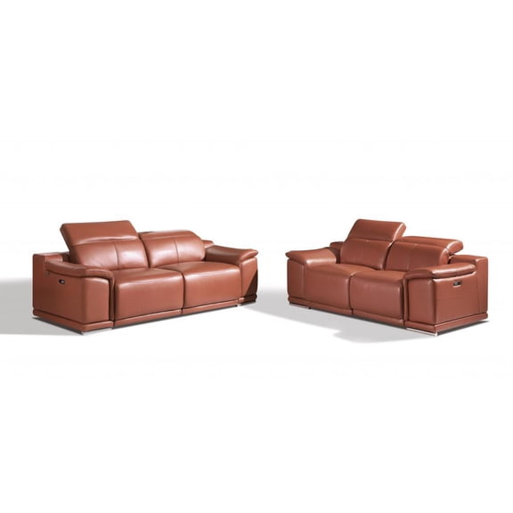 Two Piece Camel Italian Leather Five Person Seating Set