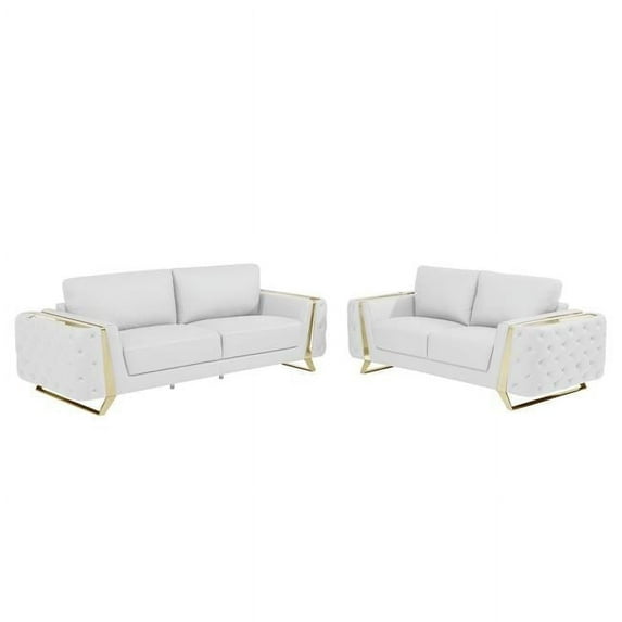 Two Piece White Genuine Leather Five Person Seating Set