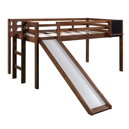 HomeRoots 404203 Walnut Twin Size Loft Bed Bed Chalkboard & Slide