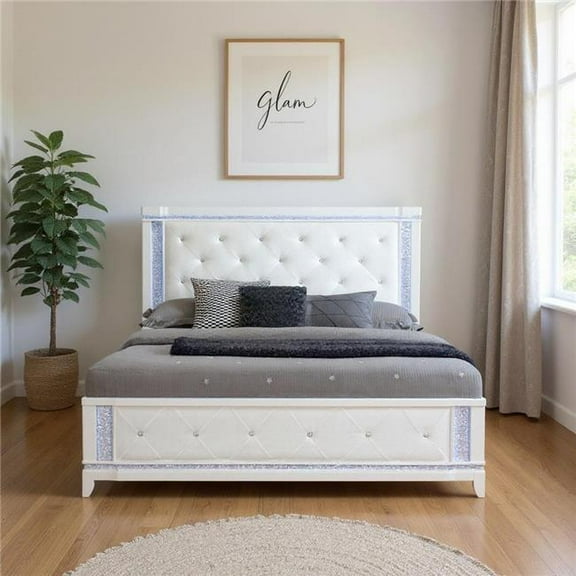 HomeRoots 634329 White Faux Crystal Bling Wood & Tufted Cotton Lighted King Bed Frame