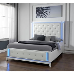 HomeRoots 634330 White Faux Crystal Bling Wood & Tufted Cotton Lighted Queen Bed Frame