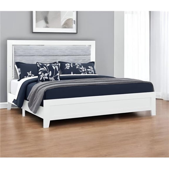 HomeRoots 564730 White & Light Gray Ribbed Texture Wood & Upholstery Lighted King Size Bed Frame