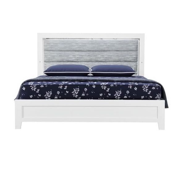 HomeRoots 564731 White & Light Gray Ribbed Texture Wood & Upholstery Lighted Queen Size Bed Frame