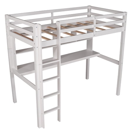 HomeRoots 404222 White Twin Size Loft Bed with Desk & Shelves