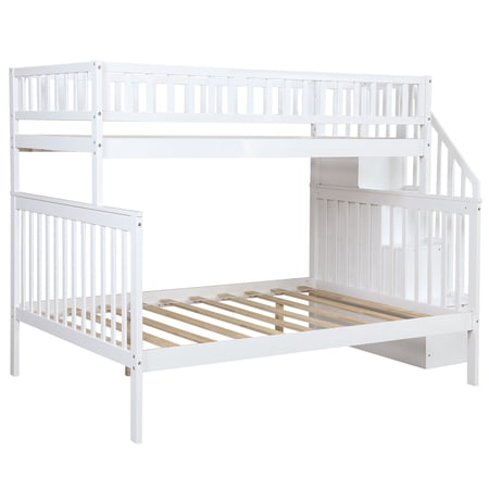 HomeRoots White Twin Over Full Farmhouse Style Bunk Bed with Staircase