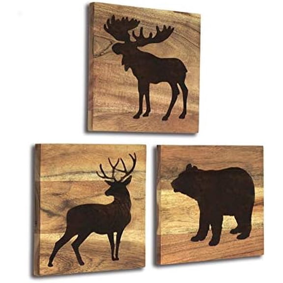 HomeRustique Real Wooden Cabin Decor with Bear, Deer and Moose (Set of 3) - Woodland Rustic Cabin Wall Decor & Art for Home, Living Room, Hunting Theme, Mountain Lodge or Bathroom
