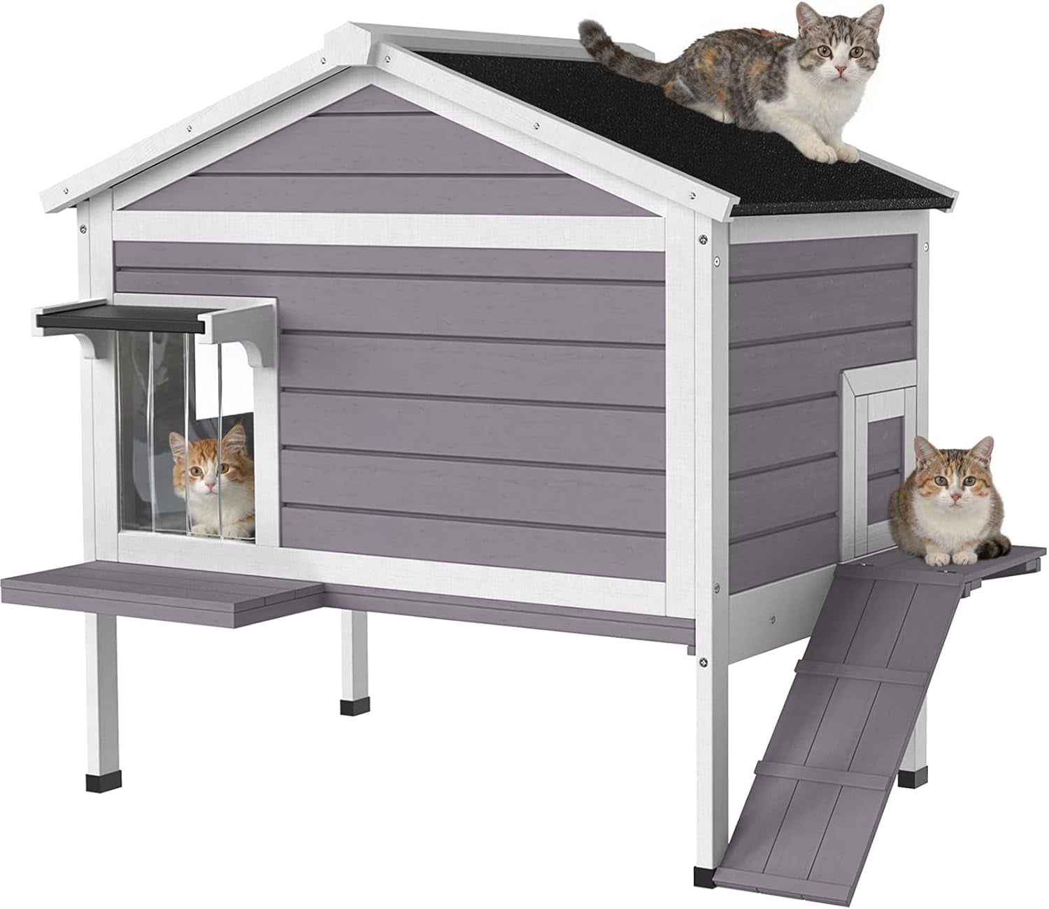 HomeSheek 32.6" Large Outdoor Cat House with Ramp, Weatherproof Shelter, Easy Assembly & Cleaning, Spacious Indoor/Outdoor Home with Side Door