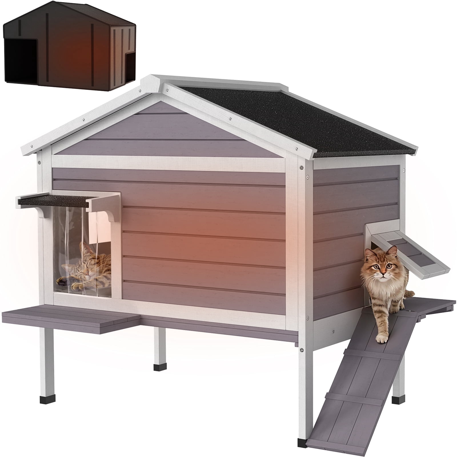 HomeSheek 32.6" Outdoor Cat House with Ramp & Insulated Liner, Weatherproof Shelter, Easy Cleaning, Indoor/Outdoor Home with Side Door(Winter-Ready)