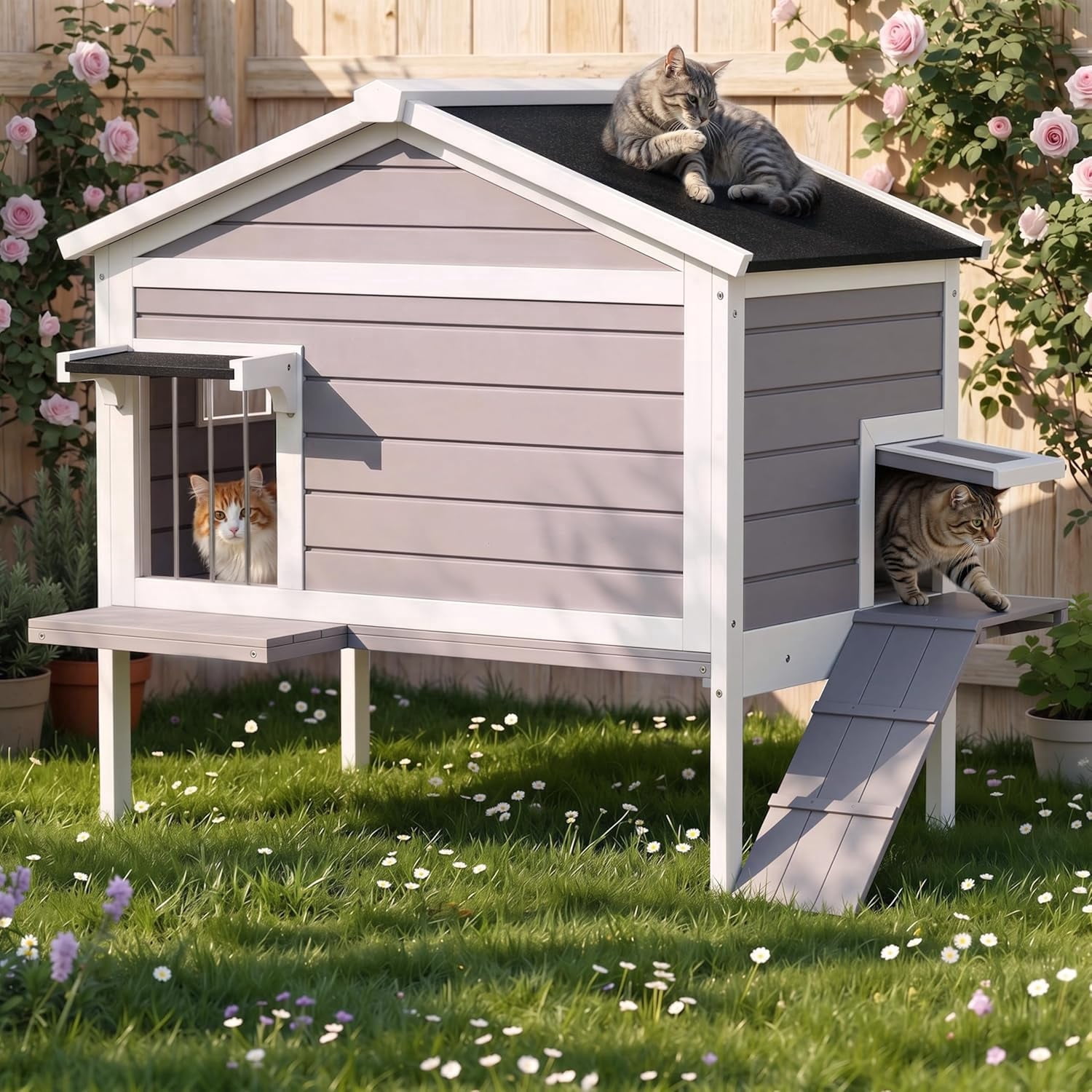HomeSheek 32.6" Outdoor Cat House with Ramp & Side Door, Weatherproof Feral Cats Shelter Keep Safe, Easy Assembly & Cleaning, Indoor Outdoor Pet Home