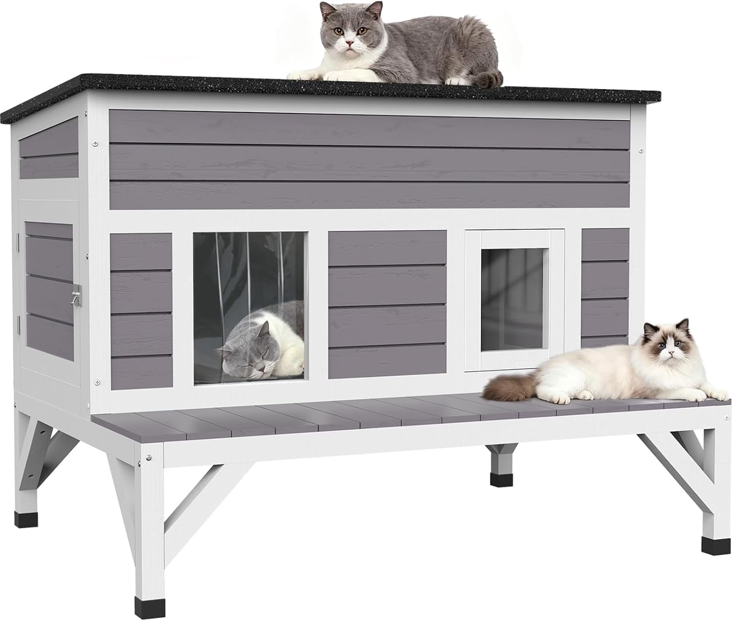 HomeSheek 40.4" Large Wooden Cat House, Weatherproof Shelter with Platform, Easy Cleaning Safe Indoor/Outdoor Home(with Elevated Base)