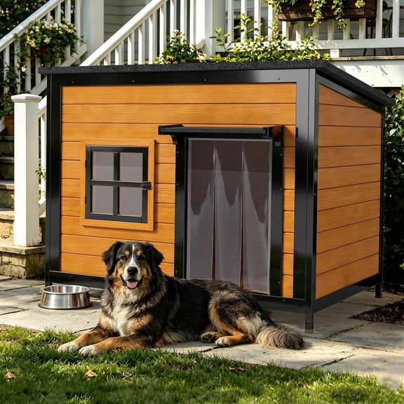 HomeSheek 43" Large Outdoor Dog House, Weatherproof Wooden Kennel with Openable Asphalt Roof, Elevated Floor, Window & PVC Door Curtain