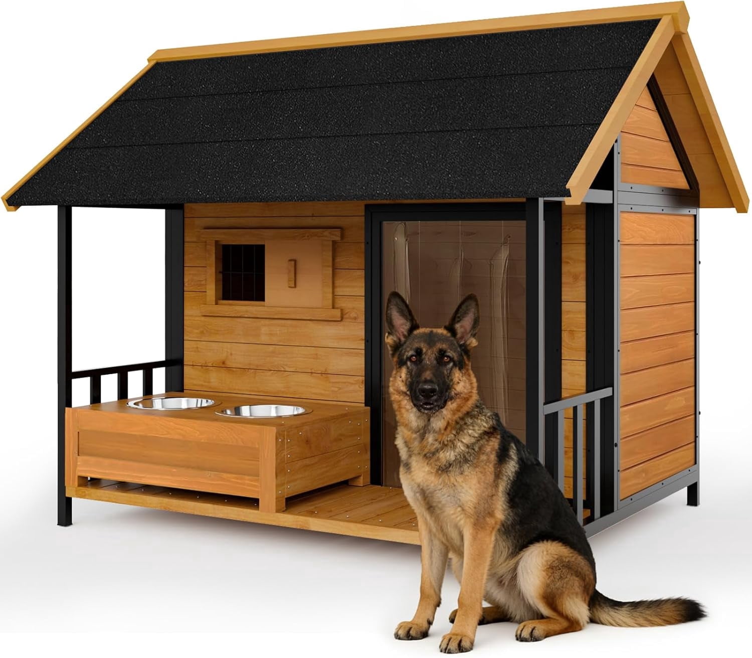 HomeSheek Large Outdoor Dog House with Bowl Stand, Weatherproof Roof & Iron Frame, Easy Assembly, Pet Kennel for Small Medium Large Breeds