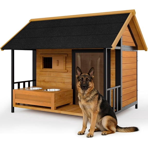HomeSheek Large Outdoor Dog House with Bowl Stand, Weatherproof Roof & Iron Frame, Easy Assembly, Pet Kennel for Small Medium Large Breeds