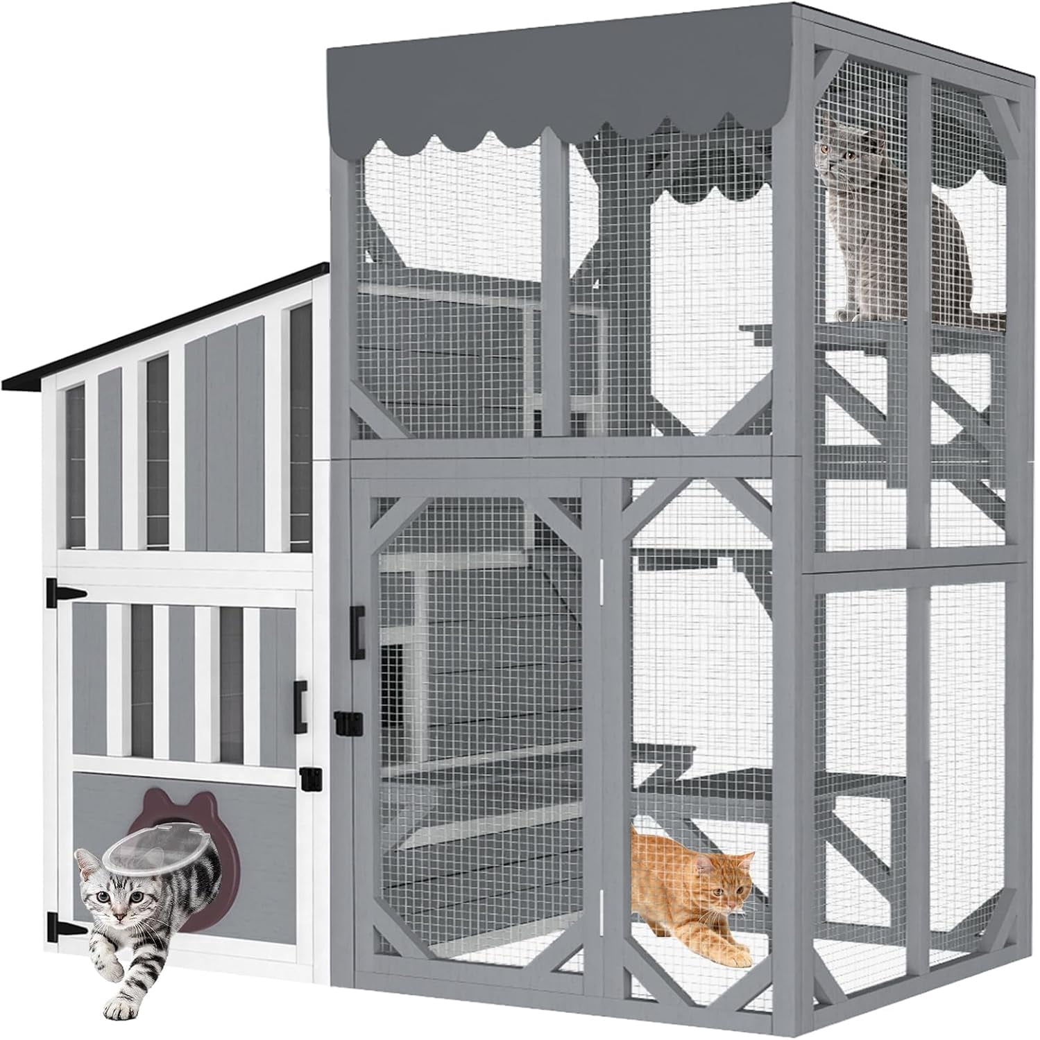 HomeSheek 3-Tier 69" H Outdoor Cat Enclosure, Weatherproof Roof, Window Access & Adjustable Two-Way Hole, Large Feral Shelter Indoor/Outdoor Use