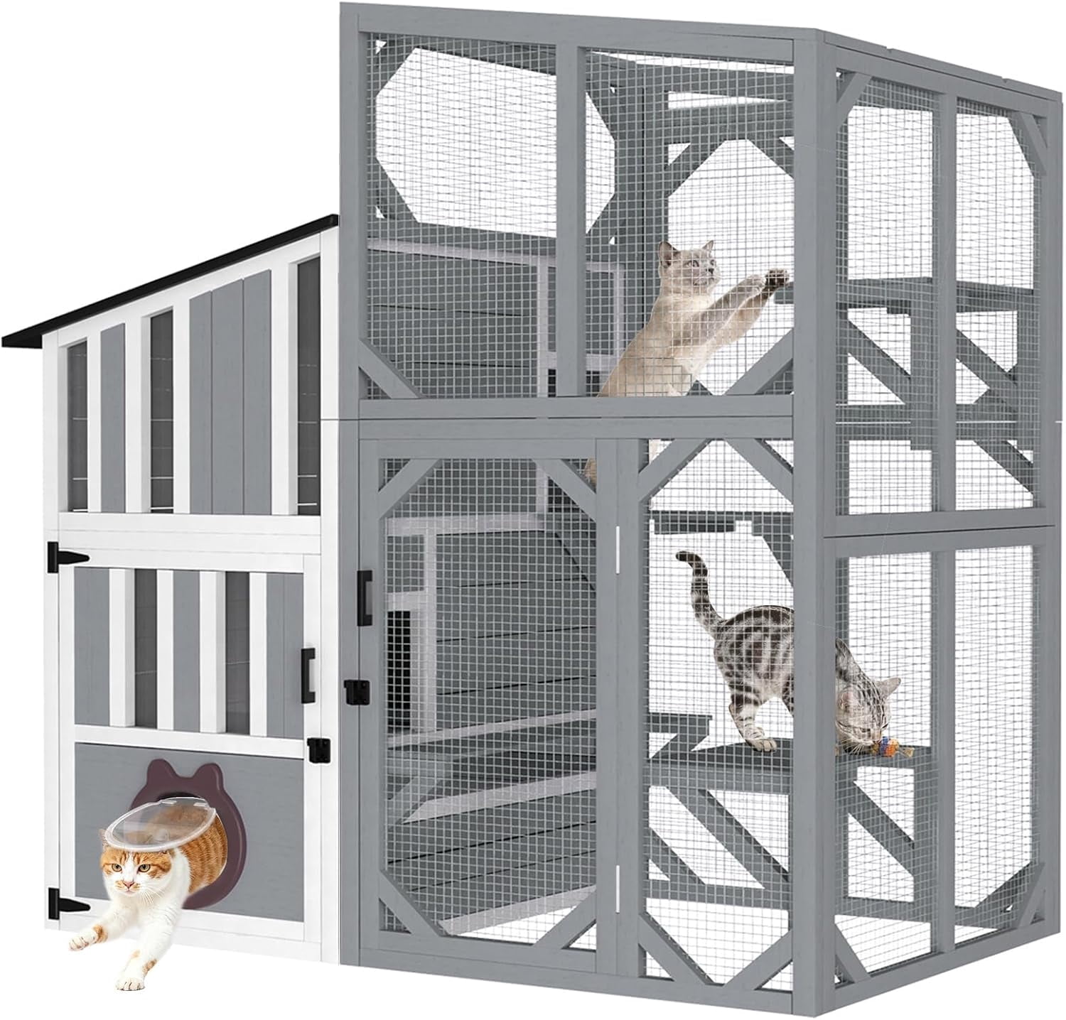 HomeSheek 3-Tier 69" Outdoor Cat Enclosure, Weatherproof Roof with Window Access & Adjustable Two-Way Hole, 3 Platforms & Resting Areas Indoor/Outdoor