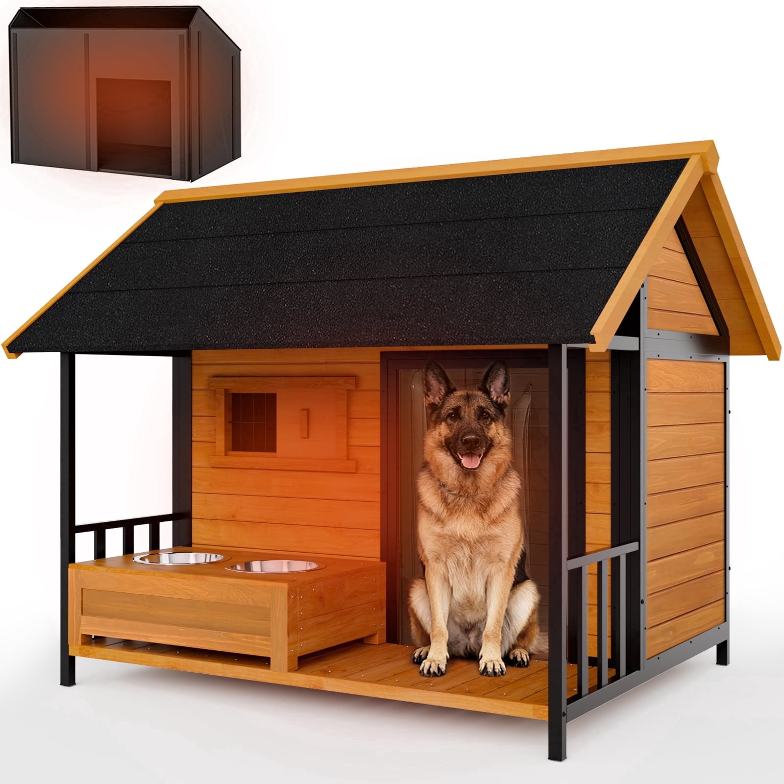 HomeSheek Premium Large Outdoor Dog House with Insulated Liner & Bowl Stand, Durable Iron Frame, Weatherproof Roof, Easy Assembly, Spacious Kennel