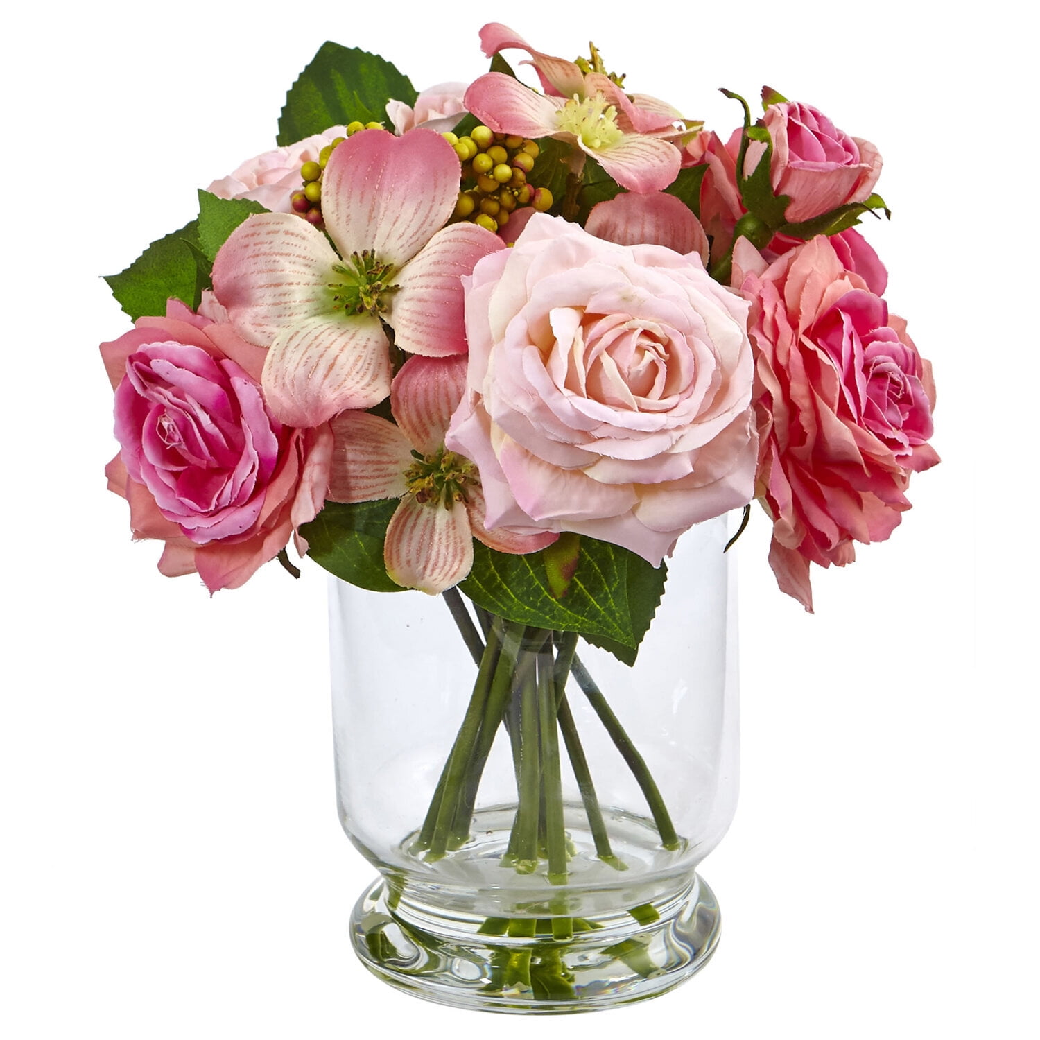 10-Inch Pink Rose and Berry Glass Vase Arrangement