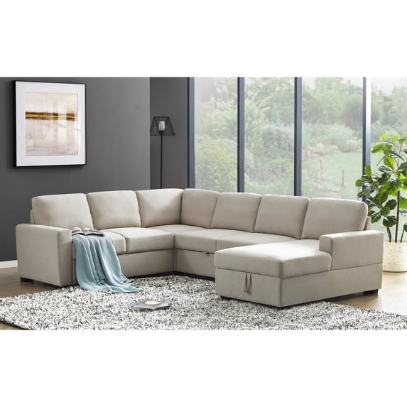 HomeStock 115.5" Wide Fabric Linen Left Hand Facing Sectional Sleeper Sofa Bed&Couch-Beige