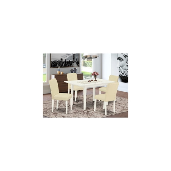 5-Piece Dining Set - Mid Century Table & 4 Parsons Chairs - Linen White Wood Dining Room Set