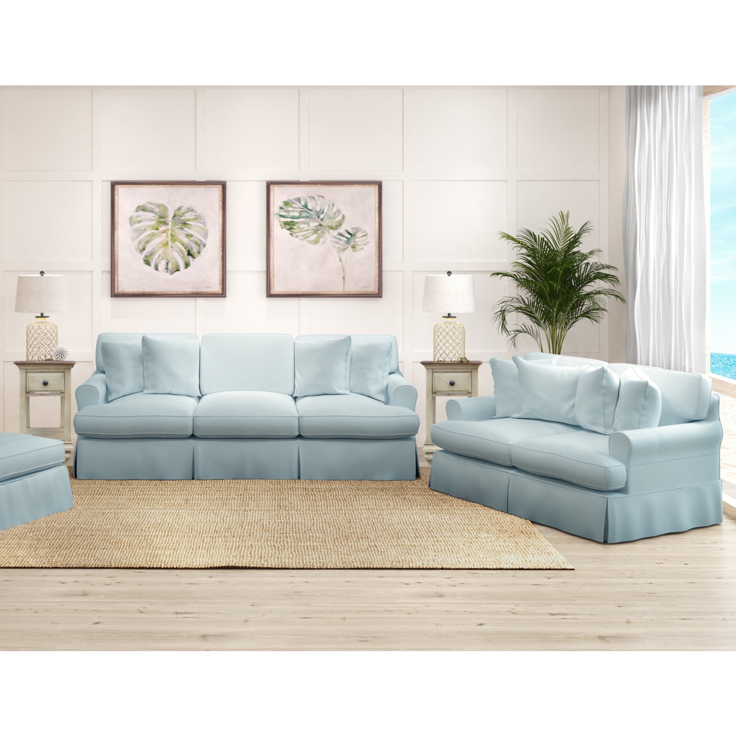 HomeStock 2 Piece Slipcovered Living Room Set Ocean Blue Performance Fabric Washable Water Resistant Stain Proof Sofa Loveseat Dog Cat Pet And