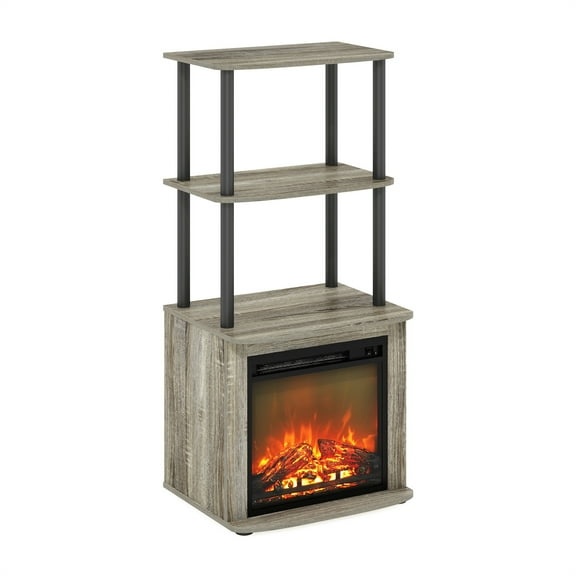 HomeStock 2-Tier Tall Tv Entertainment Side Table Display Rack With Fireplace Insert, French Oak Grey/Black
