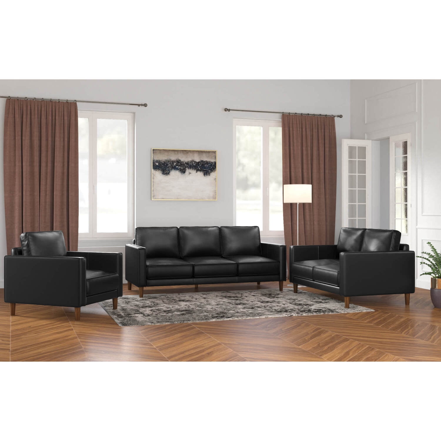 HomeStock 3 Piece Black Top Grain Leather Living Room Set , Modern Sofa ...
