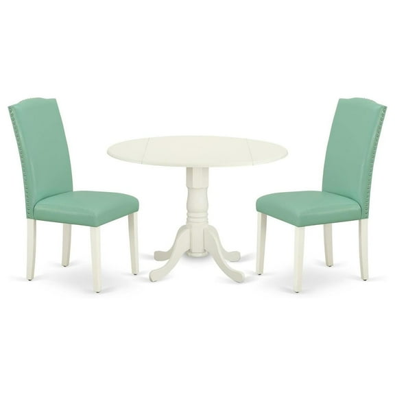 HomeStock 3 Piece Dining Set Contains a Round Dining Room Table with Dropleaf and 2 Pond Faux Leather Upholstered Parson Chairs, 42x42 Inch,Linen White