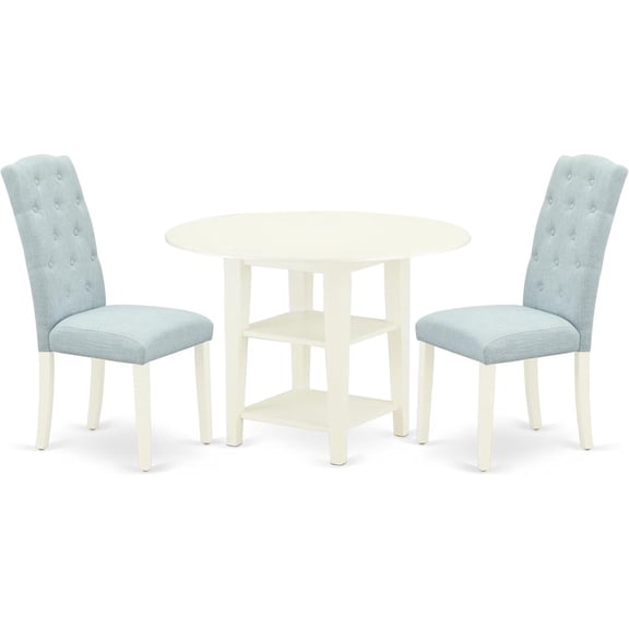 HomeStock 3 Piece Dining Table Set Contains a Round Dining Room Table with Dropleaf & Shelves and 2 Blue Linen Fabric Parsons Chairs, 42x42 Inch,Linen White