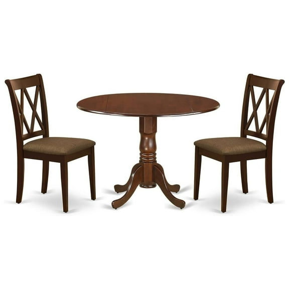 HomeStock 3 Piece Dining Table Set for Small Spaces Contains a Round Dining Room Table with Dropleaf and 2 Linen Fabric Upholstered Chairs, 42x42 Inch,Mahogany