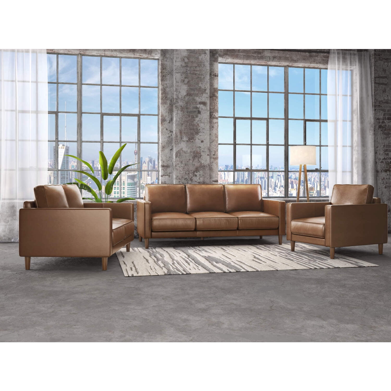 HomeStock 3 Piece Top Grain Leather Living Room Set , Chestnut Brown , Modern Sofa Loveseat And ...