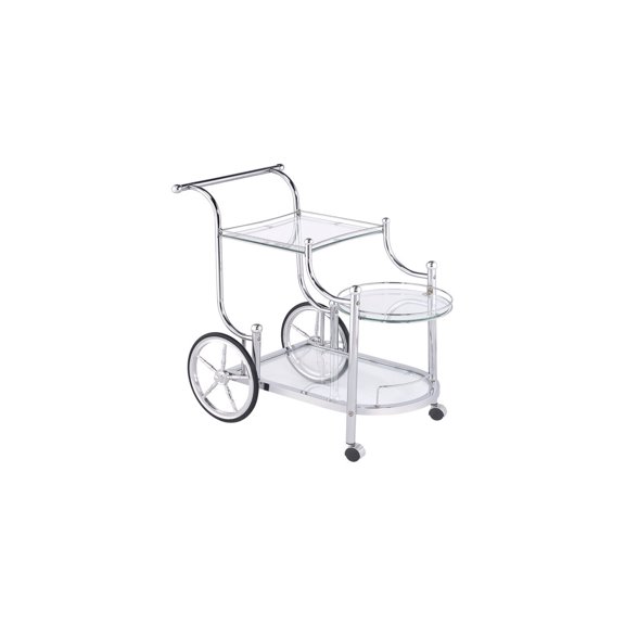 HomeStock 3-Tier Serving Cart, Chrome and Clear Tempered Glass, Classic Carriage Style with Rustic Wheels, Stylish and Functional for Serving Beverages