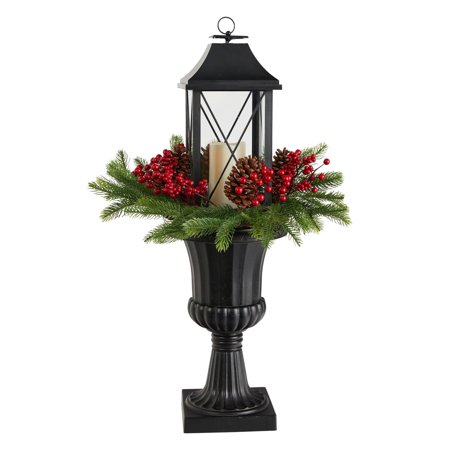 33" Black Metal Lantern with Greenery and Red Berries Centerpiece