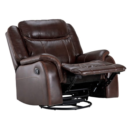 Recliner Chair Rocking Swivel, 38" Wide, Brown Faux Leather, Living Room Seating