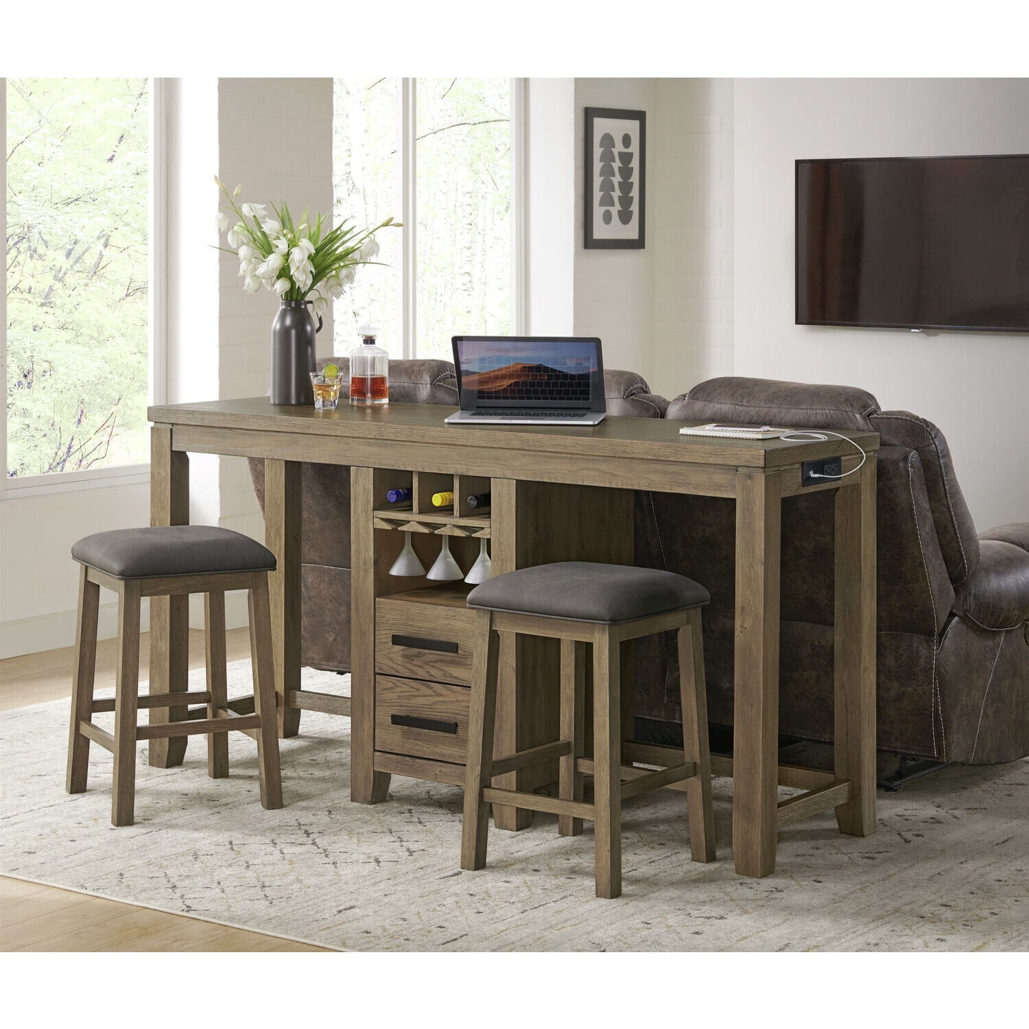 Rustic Acacia Wood Counter Height Dining Pub Table with Charging Station